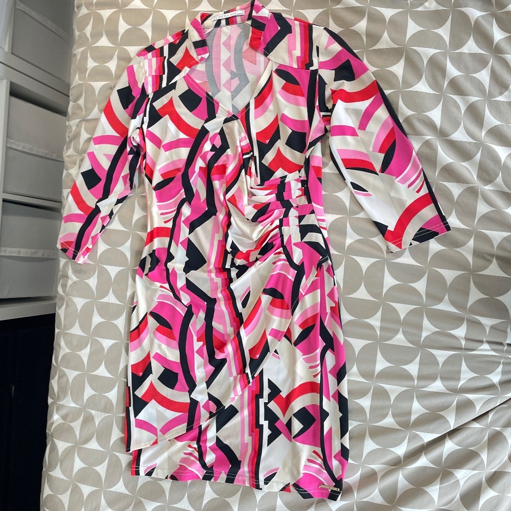 Medium length dress with pink, red and, black